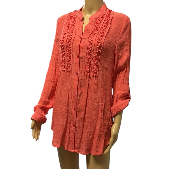 Spense Rayon Long Roll Tab Sleeve Button Up Ruffled Textured Tunic Blouse Medium - Picture 3 of 14